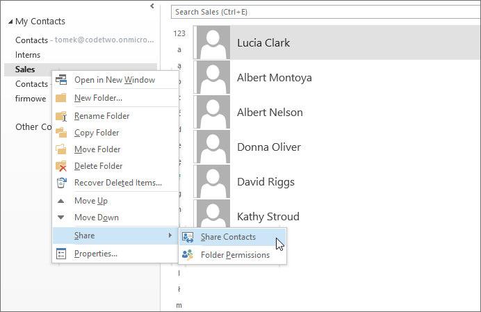 shared contacts outlook