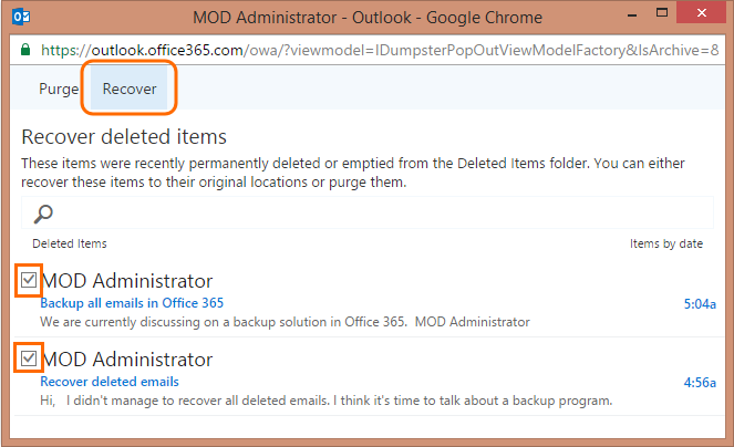 office 365 email deleted items recovery