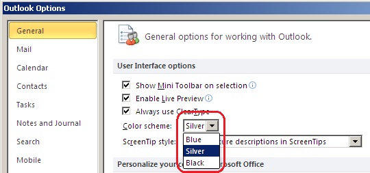 Choosing preferred color scheme from the drop down menu in Outlook 2010