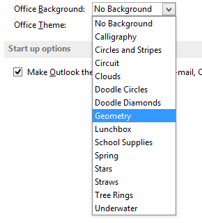 Choosing preferred Office background theme from the drop down menu in Outlook 2013