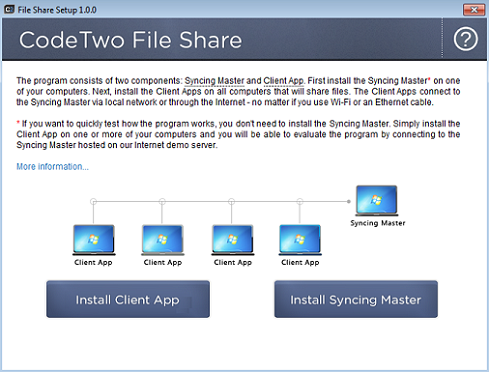 One setup file for both the Client App and the Syncing Master CodeTwo File Share - installation