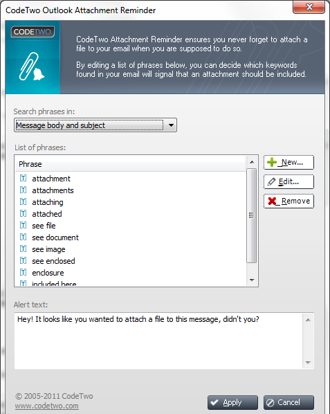 CodeTwo Attachment Reminder reminds you about adding attachments to your e-mail.