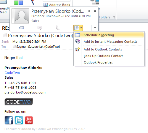 Contact actions in Outlook 2010