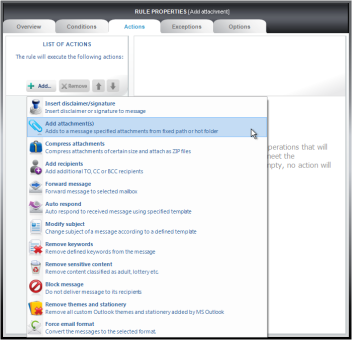 Selecting the Add attachment(s) action in the Actions tab..