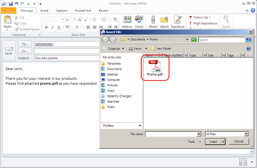 Manually adding attachment to a message.