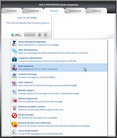 Add recipients in the Actions tab. Add recipients in the Actions tab.