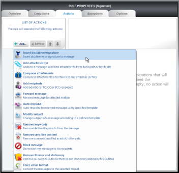 Choose Insert disclaimer/signature in the Actions tab. Choose Insert disclaimer/signature in the Actions tab.