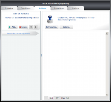 Properties for Insert disclaimer/signature action. Properties for Insert disclaimer/signature action.