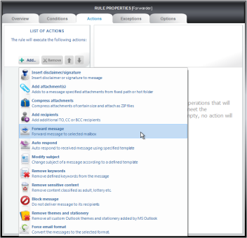 Choosing Forward message in the Actions tab.. Choosing Forward message in the Actions tab