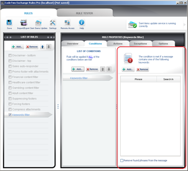Properties of the Keywords filter.