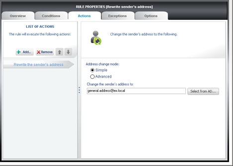 Properties pane for Rewrite sender's address. Properties pane for Rewrite sender's address.