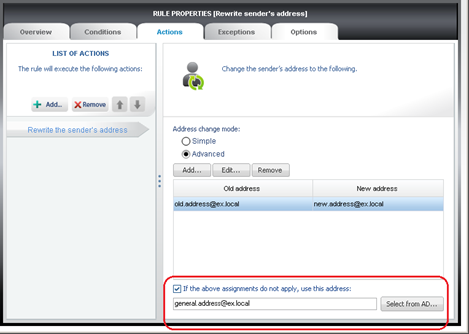 Option for rewriting addresses of senders whose source address has not been assigned to any new address. Option for rewriting addresses of senders whose source address has not been assigned to any new address.