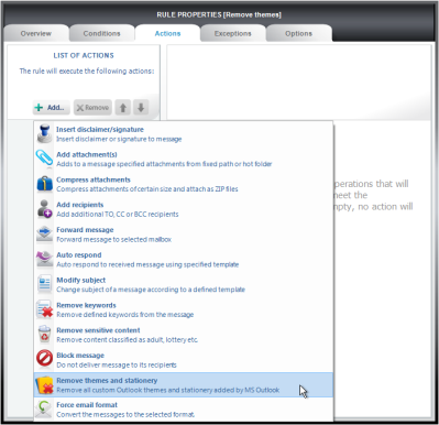 Choose Remove themes and stationery in the Actions tab.. Choose Remove themes and stationery in the Actions tab..