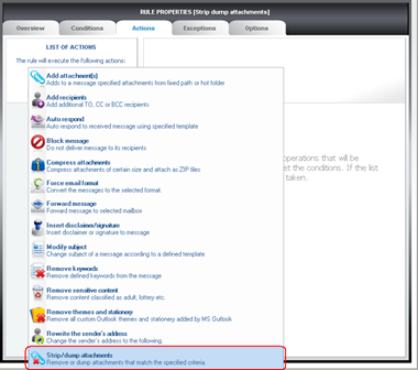 Choose Strip/dump attachments in the Actions tab. Choose Strip/dump attachments in the Actions tab.