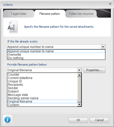 Provide the filename patterns for dumped attachments. Provide the filename patterns for dumped attachments.
