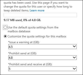 how to check mailbox size in exchange admin center