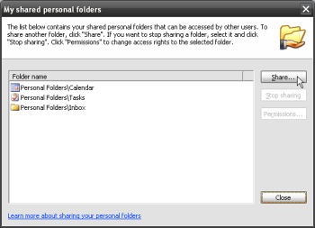 Outlook - The dialog with a list of shared personal folders. Outlook - The dialog with a list of shared personal folders.