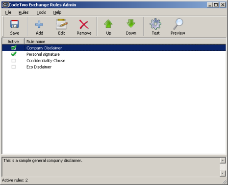 CodeTwo Exchange Rules 2003 Admin main dialog box CodeTwo Exchange Rules 2003 Admin main dialog box
