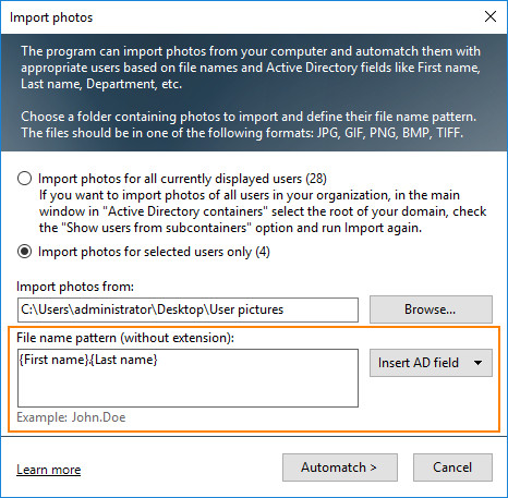 Choose file name pattern to auto match users with their AD photos