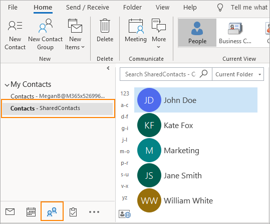 bekijk gedeelde contacten in Outlook-toegang