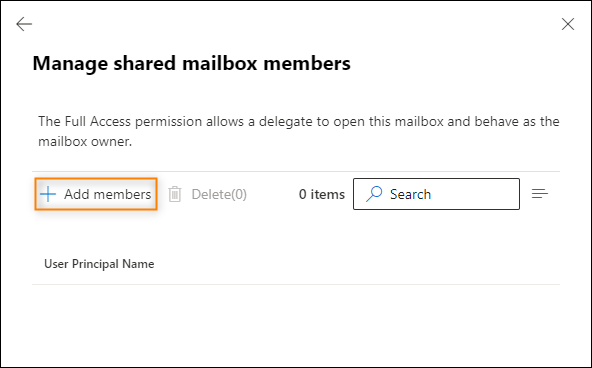 Adding users (delegates) with the Full Access permission to the shared mailbox