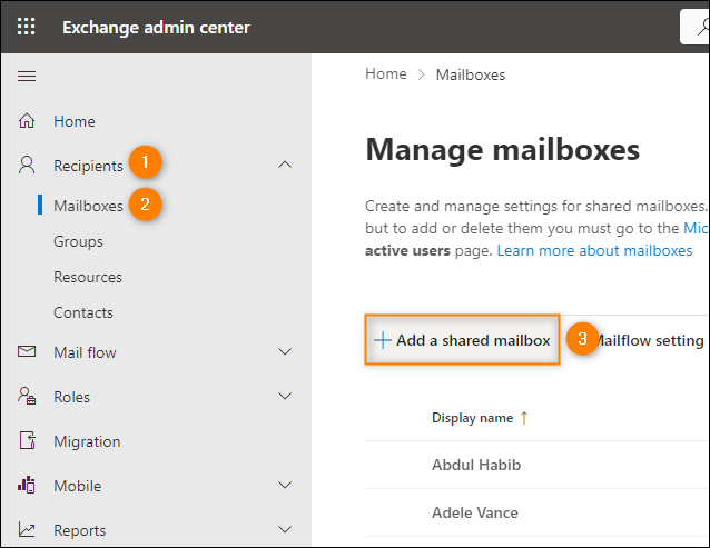 Adding a new shared mailbox in the Exchange admin center