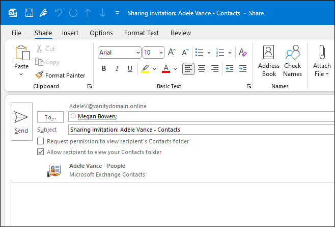 Sending shared contacts in an email with Outlook for WIndows