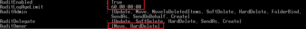 PowerShell: Output of Set-Mailbox [user name] –AuditEnabled $True –AuditLogAgeLimit 60:00:00:00 –AuditOwner Move,HardDelete