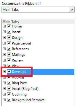 Enabling the Developer tab on Microsoft Word ribbon