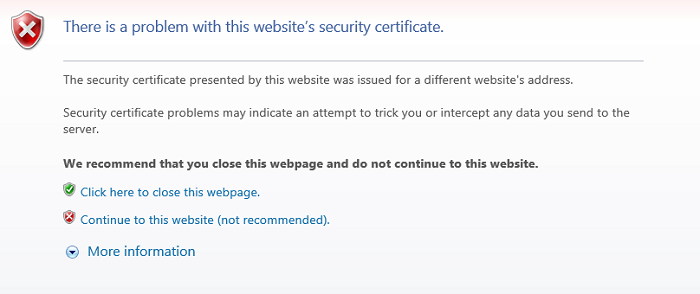 Standard warning displayed in browsers when entering a non-certified namespace
