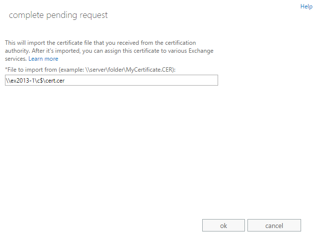Exchange admin center: Providing the path where the certificate .cer file is saved