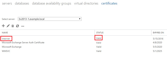 Exchange admin center: A newly installed certificate visible in the certificate management menu
