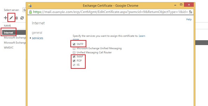 Exchange admin center: Assigning services to a new certificate
