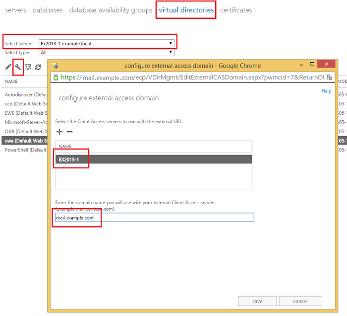 Exchange admin center: Providing external access domains for virtual directories