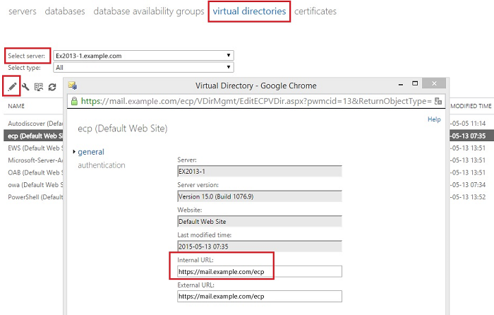 Exchange admin center: Configuring an internal URL for a virtual directory
