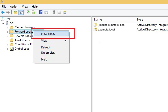 DNS Manager: Creating a new Forward Lookup zone