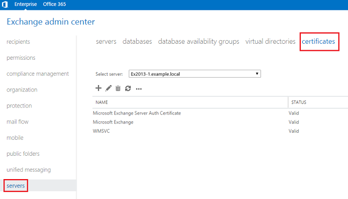 Exchange admin ceneter: Certificate management menu