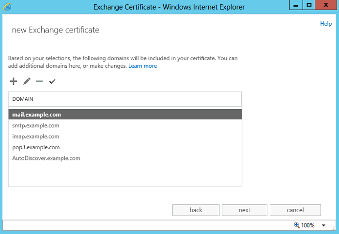 Exchange admin center: The sixth step of the certificate request wizard