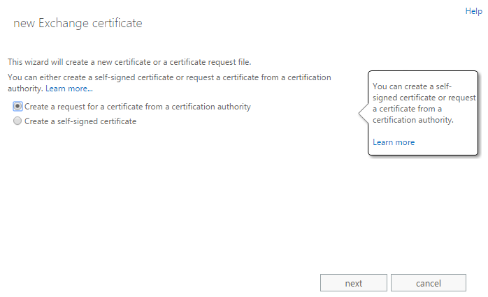 Exchange admin center: The first step of the certificate request wizard