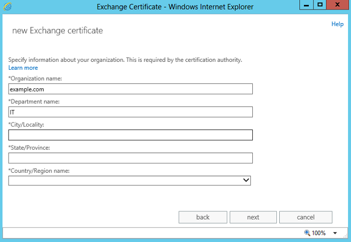 Exchange admin center: The seventh step of the certificate request wizard