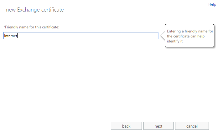 Exchange admin center: The second step of the certificate request wizard