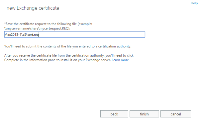Exchange admin center: The final step of the certificate request wizard
