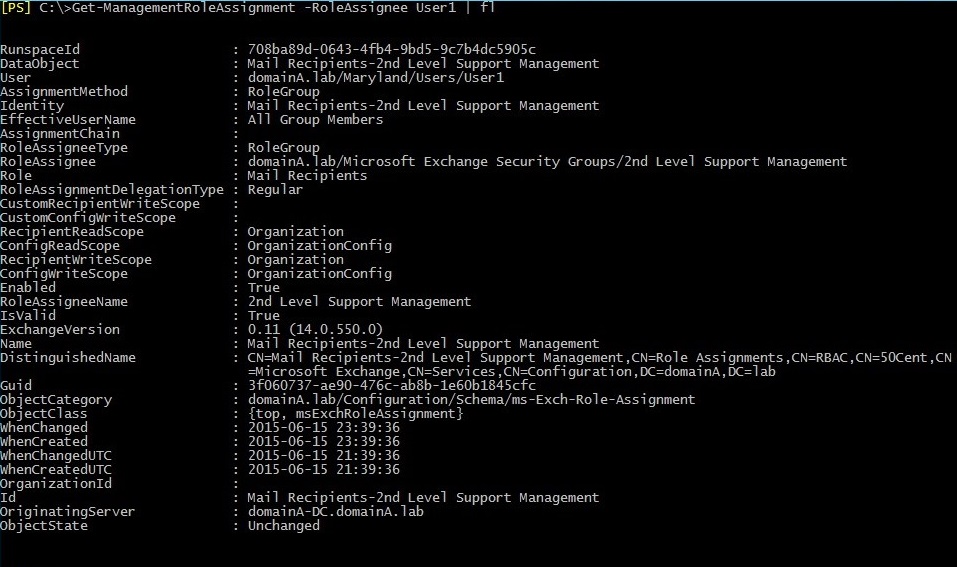 The result of executing the cmdlet Get-ManagementRoleAssignment 