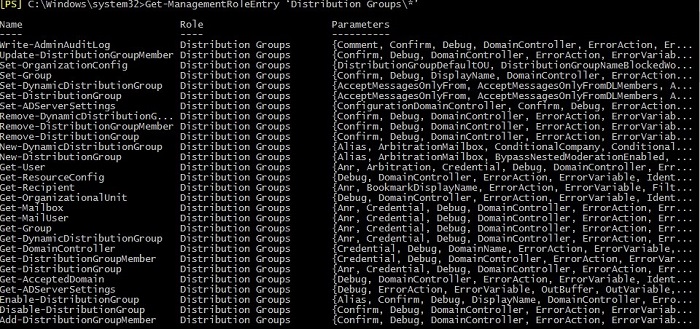 The result of a Get-ManagementRoleEntry cmdlet