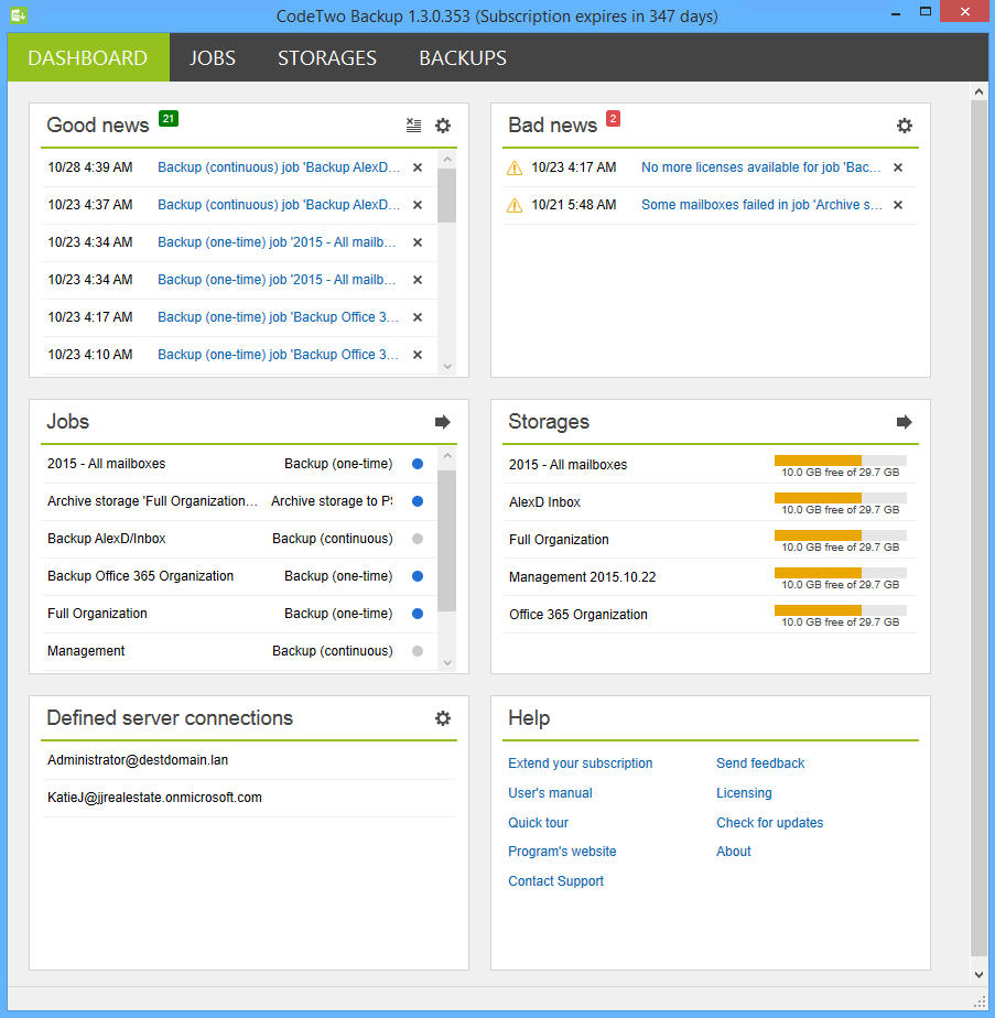 CodeTwo Backup for Exchange dashboard