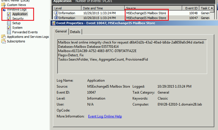 Event Viewer MSExchangeIS Mailbox