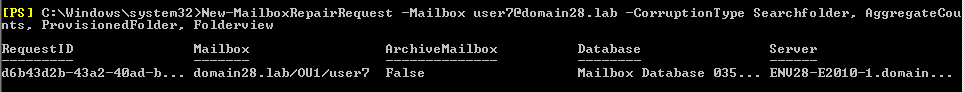 New-MailboxRepairRequest –Database „Mailbox Database 1643455454” –CorruptionType ProvisionedFolder -DetectOnly