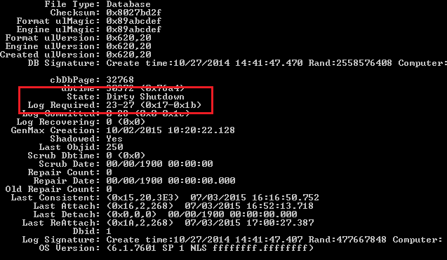 The results of the ESEUTIL /MH cmdlet