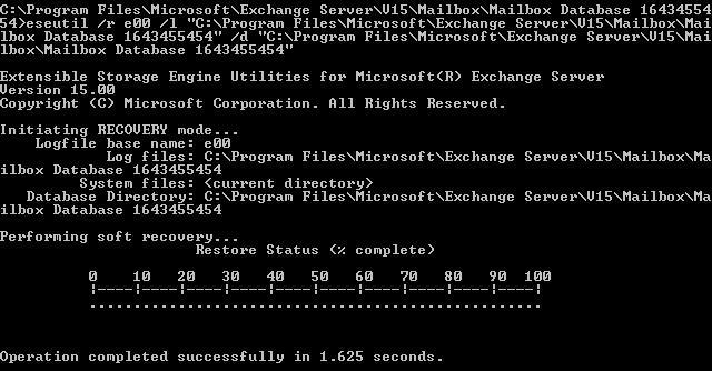 Restoring logs to the database with ESEUTIL /r cmdlet.