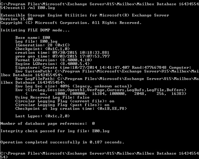 The result of ESEUTIL /ML E00.log cmdlet